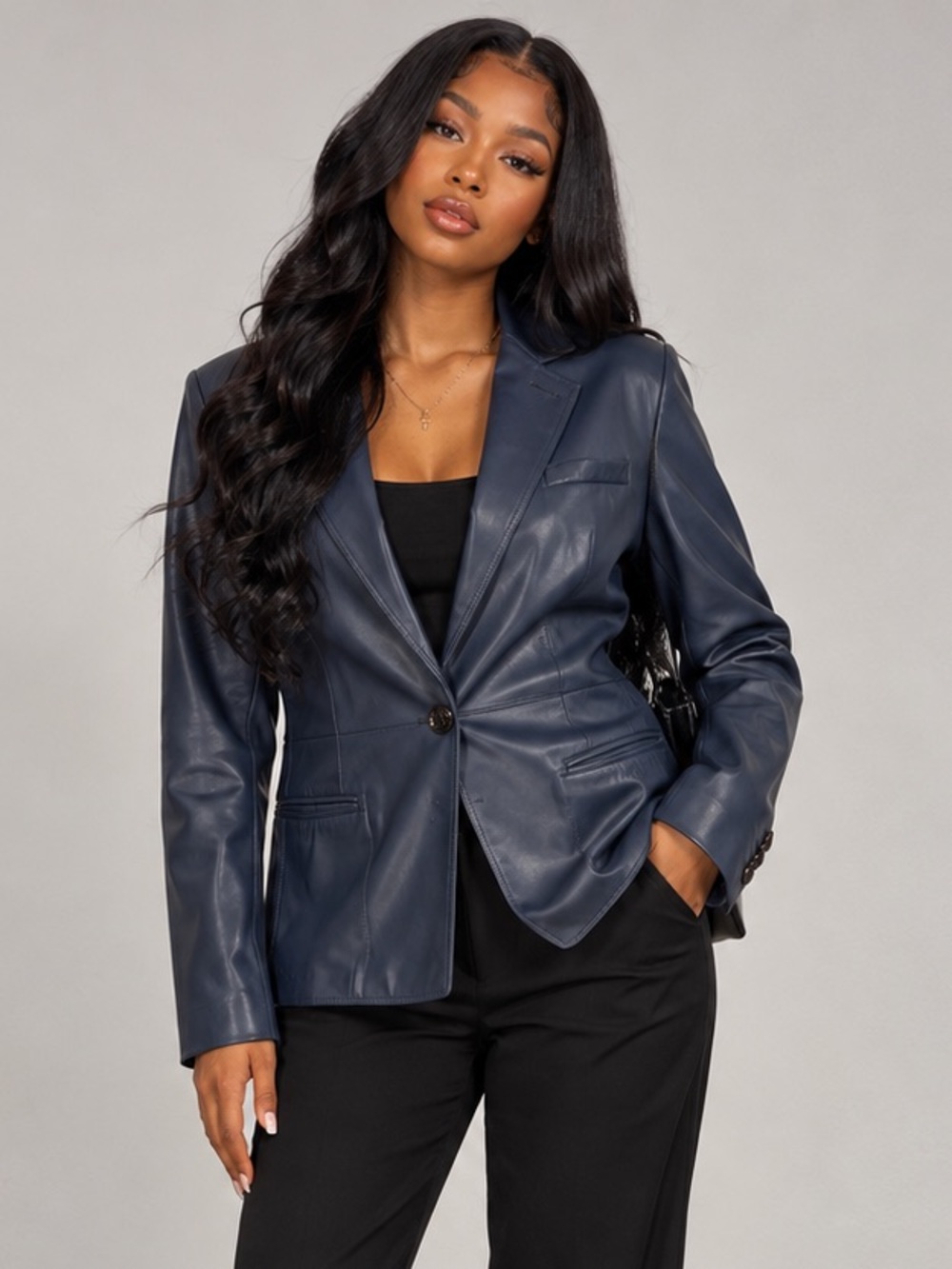 Jones New York Navy Faux Leather Single-Button Blazer